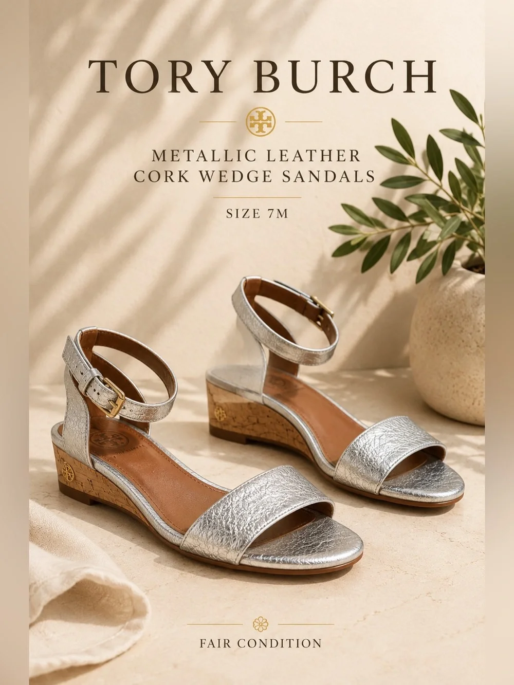 Tory Burch Metallic Leather Cork Wedge Ankle Strap Sandals Size 7M